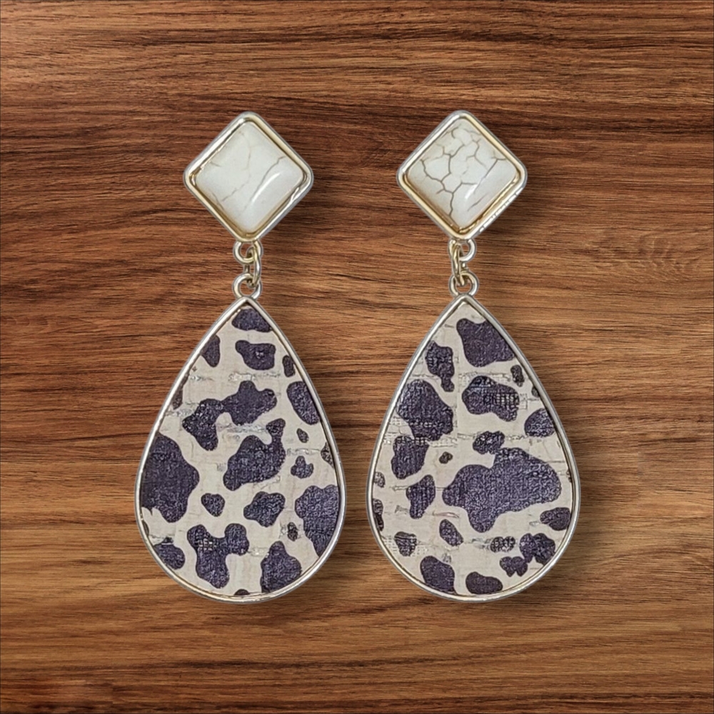 Brown And Cream Cow Print Metal Boho Earrings New